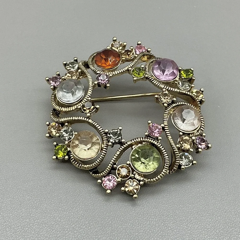 Vintage Monet Brooch Round Wreath Multicolor Rhinestone Gold Tone Pin Costume